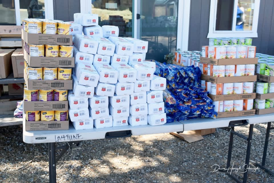 Volunteers and community members during a food distribution